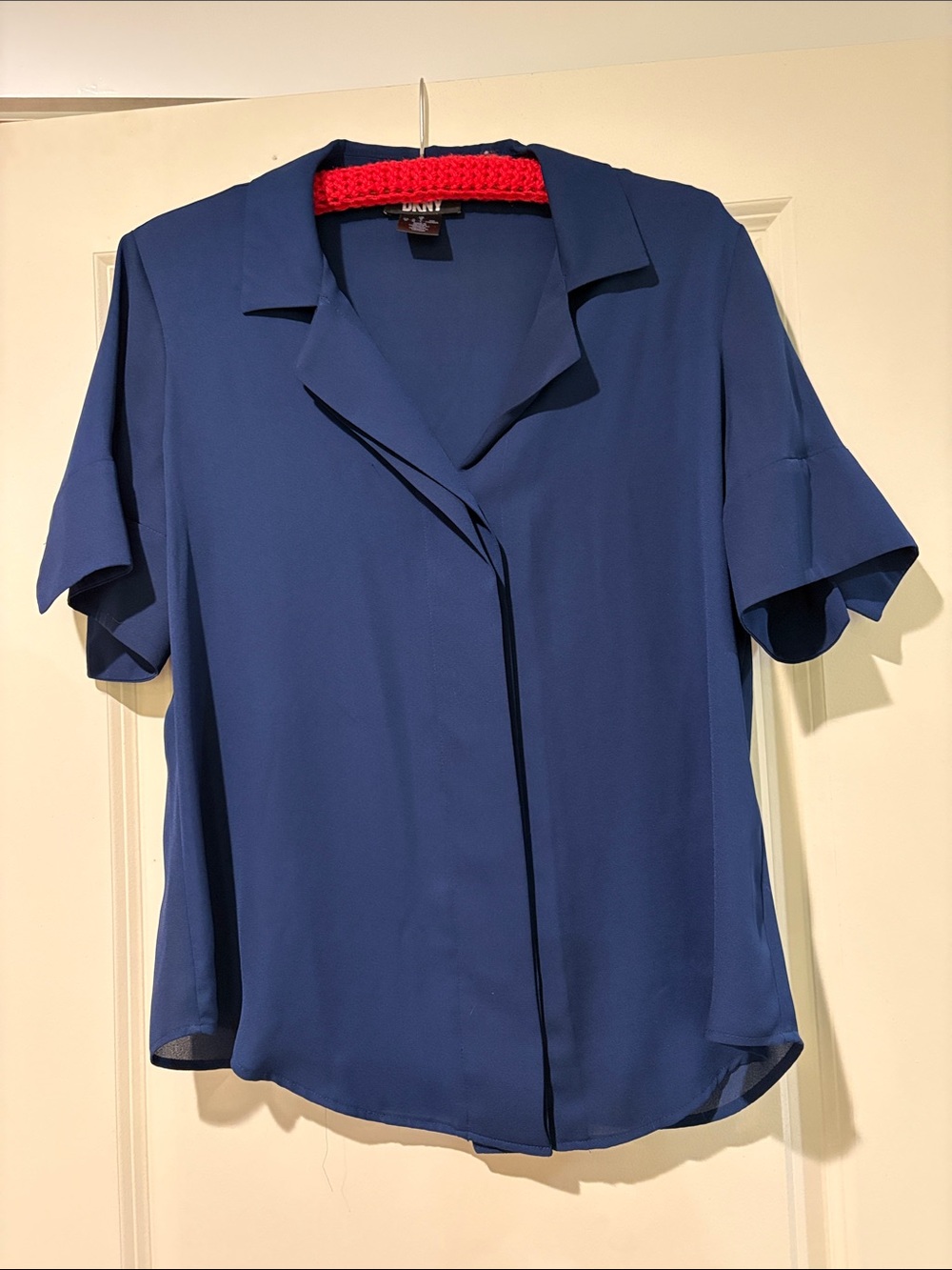 DKNY Navy Short-Sleeve Draped Collar Blouse